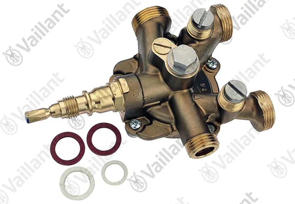 Vaillant Wasserschalter mit mehreren Anschlüssen und Dichtungen, verwendet in Heiz- oder Warmwassersystemen. Sichtbare Montageschraube zur Befestigung.